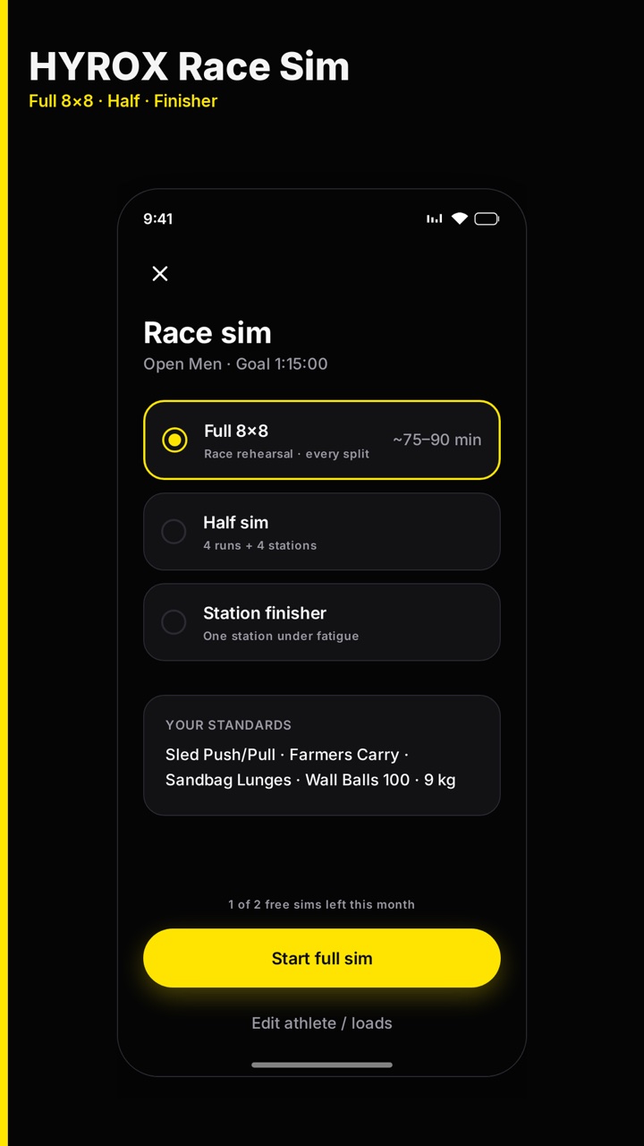 Race sim: Full 8×8, Half, and Station Finisher